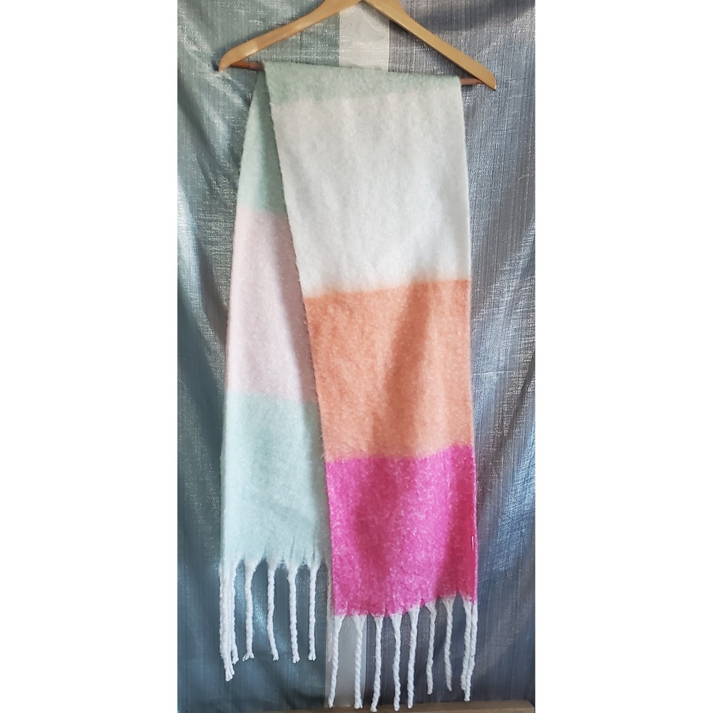 Mohair Chunky Stripe Blanket Scarf Colorblock Soft Cozy Winter Retro